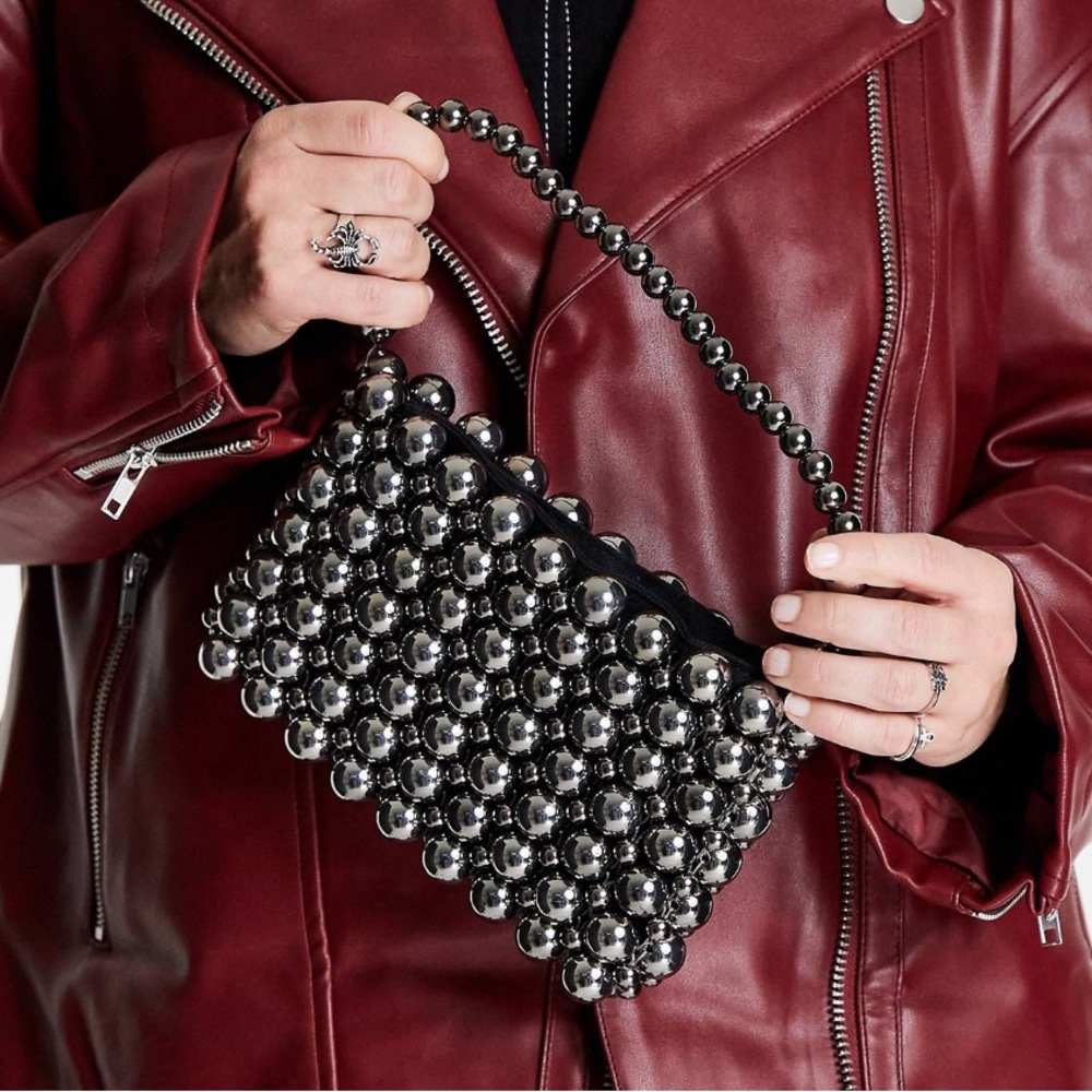 Brand new. Topshop Beaded Grab Bag in Silver.